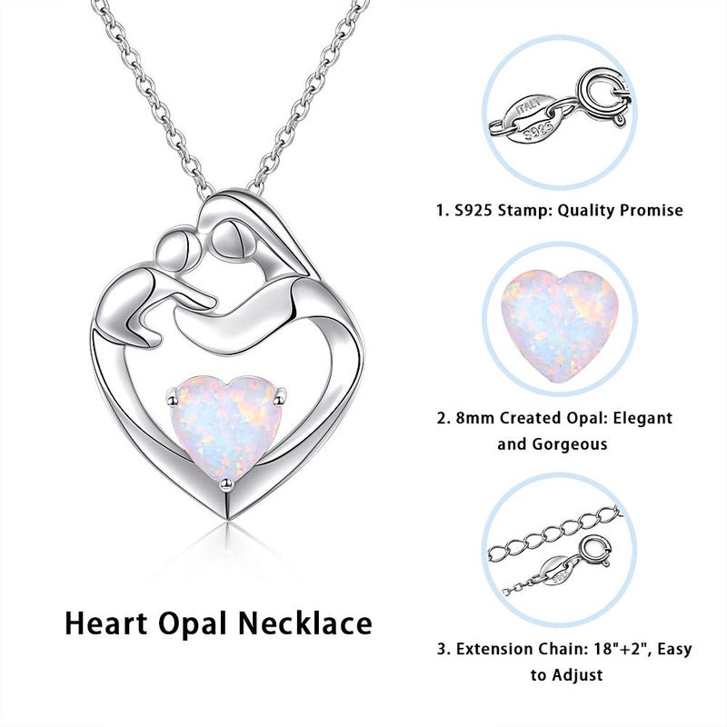 FLYOW Mom Gifts 925 Sterling Silver Mother and Daughter/Son Heart Lab Opal Pendant Necklace Jewelry for Women, Adjustable Silver Chain 18+2 Inches (Silver) - Image 3